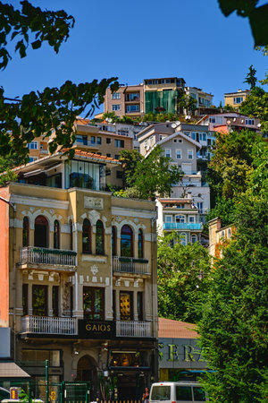 Istanbul, Turkey, July 18, 2022. Beautiful and colorful old buildings in the Arnavutkoy region on the embankment of Bosphorus.のeditorial素材