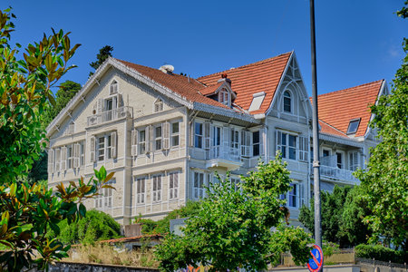 Istanbul, Turkey, July 18, 2022. Beautiful and colorful old buildings in the Arnavutkoy region on the embankment of Bosphorus.のeditorial素材
