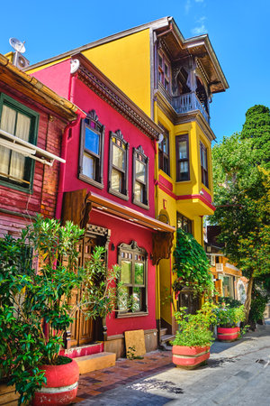 Istanbul, Turkey, July 18, 2022. Beautiful and colorful old buildings in the Arnavutkoy region on the embankment of Bosphorus.のeditorial素材