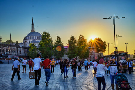 Istanbul, Turkey - July 19, 2019. Eminony pier, view of the Suleimania mosque on the Sunsetのeditorial素材