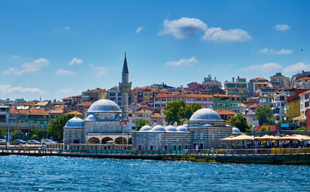 Istanbul, Turkey, View of the Bosphorus and Embankment Uskudar, SHEMSI AHMED PASHE Mosqueの写真素材