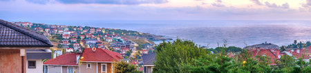 Sile, Turkey. Panorama of the city at dawn, early in the morning, view of the villas and the beautiful rocky coast of the Black Seaの写真素材