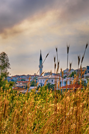 Sile, Turkey. Black Sea Coast, View of the Mosque and the city with colorful houses and bright flowersの写真素材