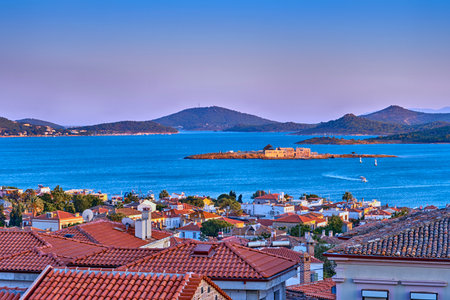 Ayvalik, Turkey, Cunda Island, panoramic view from the mountain of lovers to the city and the Aegean Seaの写真素材