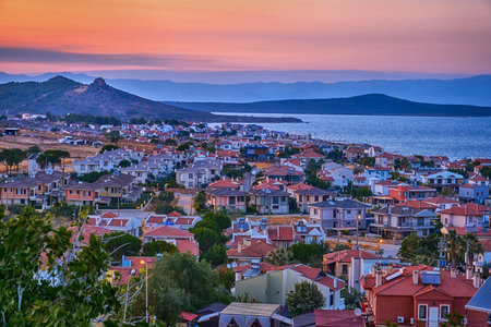 Ayvalik, Turkey, Cunda Island, panoramic view from the mountain of lovers to the city and the Aegean Seaの写真素材