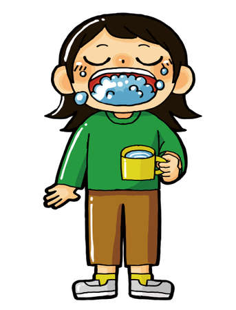 This is an illustration of a child holding a glass, looking upward, and gargling skillfully.のイラスト素材