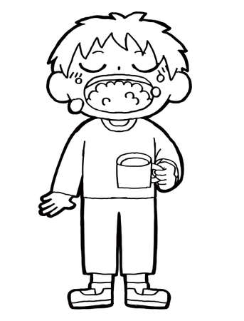 This is an illustration of a child holding a glass, looking upward, and gargling skillfully.のイラスト素材