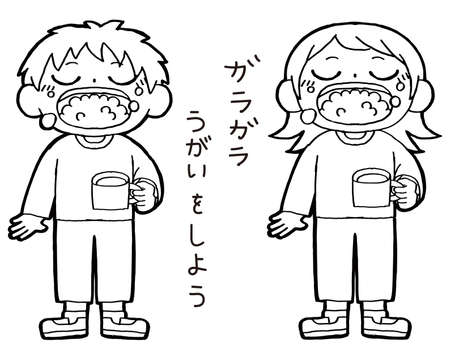This is an illustration of a child holding a glass, looking upward, and gargling skillfully.のイラスト素材