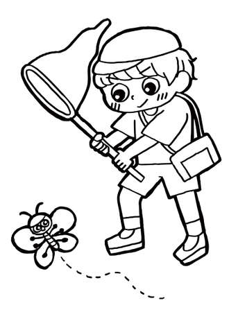 In this page, We offer the clip art of a child trying to catch a butterfly with an insect net.のイラスト素材