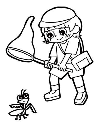 In this page, We offer the clip art of a child trying to catch a mantis with an insect net.のイラスト素材