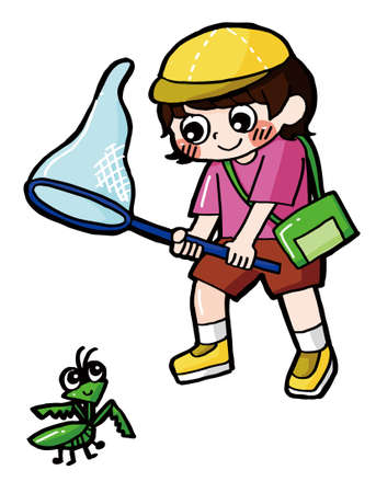 In this page, We offer the clip art of a child trying to catch a mantis with an insect net.のイラスト素材