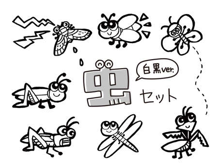 Here are some cute illustrations of cicadas, fireflies, butterflies, crickets, grasshoppers, dragonflies, and mantis.のイラスト素材