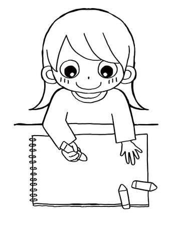 This is an illustration of a child happily drawing on drawing paper.のイラスト素材