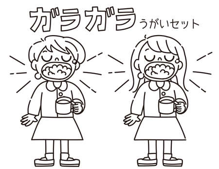 This is an illustration of a child holding a glass, looking up, and gargling.のイラスト素材