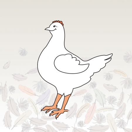 Happy white hen, surrounded by feathers  Vector illustration のイラスト素材