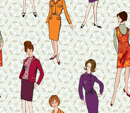 Stylish fashion dressed girls  1950 s 1960 s style  seamless pattern  Retro fashion party  vintage fashion silhouettes from 60s  のイラスト素材