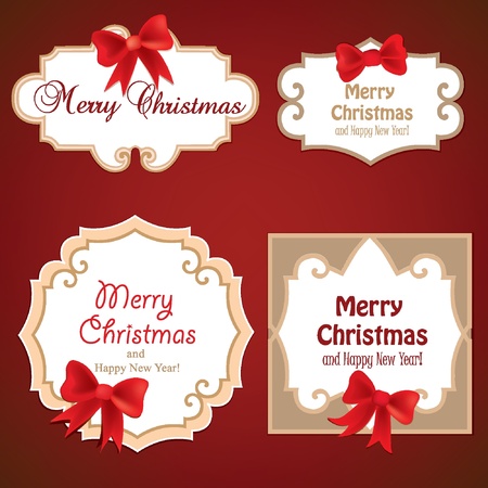 Set of Badges, Tags with space for text  Set of christmas retro labels with red gift bows with ribbons  のイラスト素材