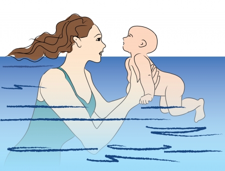 baby first swimming lesson wiht mother のイラスト素材