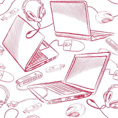  Laptop and Device Seamless Background  Computer Equipment Seamless Pattern  Stylish sketch drawing vector texture over white  のイラスト素材