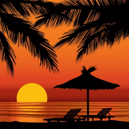 Sunset view in beach with palm tree のイラスト素材