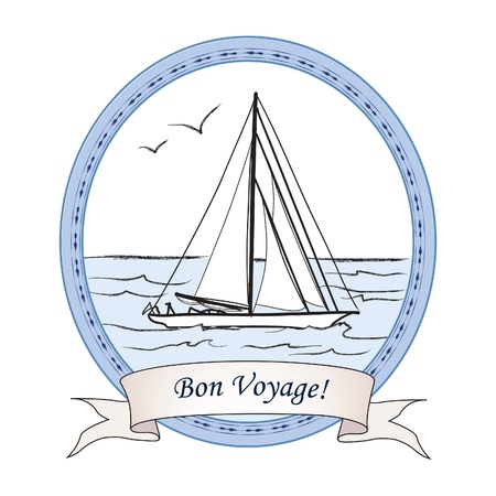 Vintage travel card  Yacht in ocean label with lettering Bon Voyage  Vector illustration of boatb in the sea in retro ink drawing style  のイラスト素材