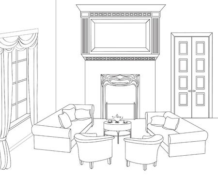 Drawing-room  Editable illustration of an outline sketch of a interior  Graphical hand drawing interior  のイラスト素材