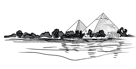 Egyptian Pyramids landscape  Pencil hand drawn vector illustration  のイラスト素材