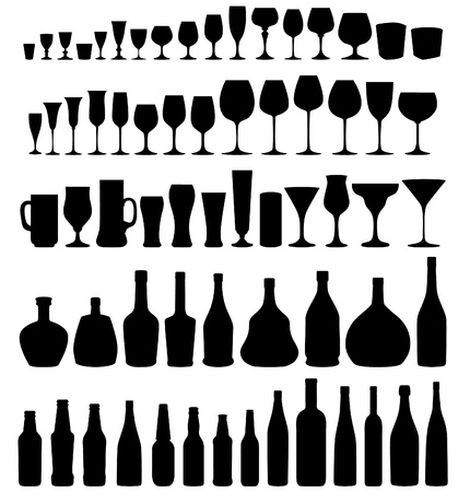 Glass and bottle vector silhouette collection  Set of different drinks and bottles isolated on white background  のイラスト素材