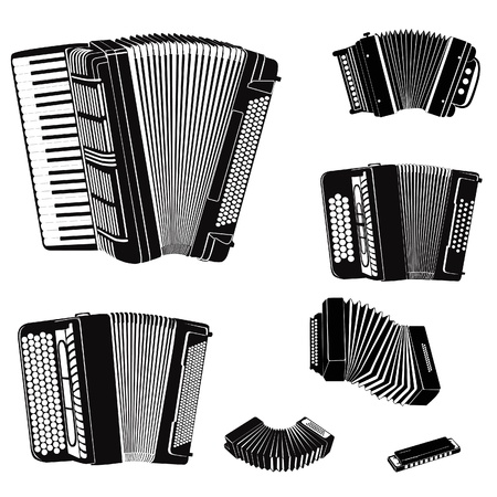 Music instruments vector set  Musical instrument silhouette on white background  Accordion family music equipment collection  のイラスト素材