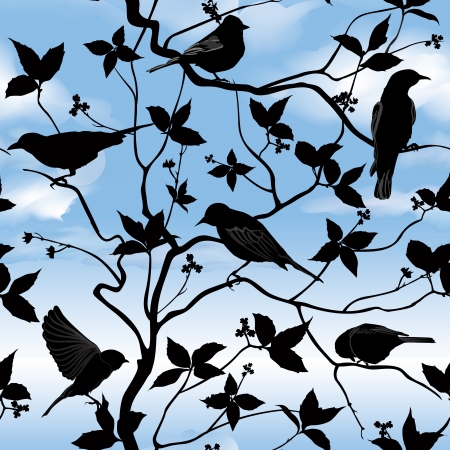 Set of birds on wires over blue sky background  Birds silhouette on branch and leaf seamless background  Floral spring pattern  のイラスト素材
