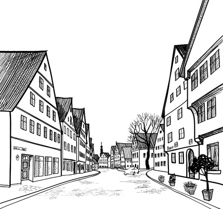 Old-fashioned german alleyway in province town  Pedestrian street in the old european city with tower on the background  Historic city street  Hand drawn sketch  Vector illustration  のイラスト素材