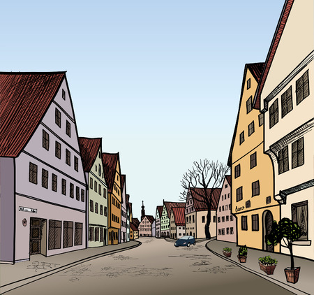 Pedestrian street in the old european city with tower on the background. Historic city street. Hand drawn sketch. Vector illustration. のイラスト素材