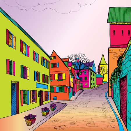 Travel postcard in 1960s pop art style. Pedestrian street in the old european city with tower on the background. Historic city street. Funck urban sceene wallpaper.のイラスト素材