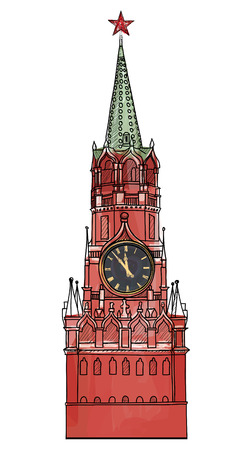 Moscow city symbol  Spasskaya tower, Red Square, Kremlin, Moscow, Russia  Travel icon sketch vector illustration  のイラスト素材