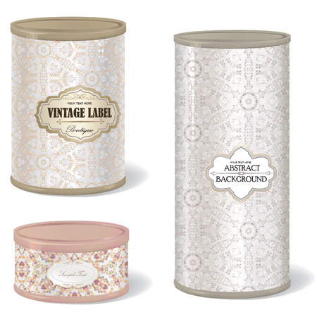 Metal Gift Box Set. Blank tin can. collection with vintage label. Metal Tin Can. Retro Canned Food  Product Packing のイラスト素材