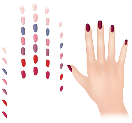 Nail polish in different fashion colors  Nail care set  Manicured finger isolated のイラスト素材