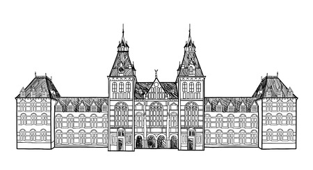 Amsterdam landmark. Central Railway Station, Netherlands historic building. Hand drawn sketchのイラスト素材