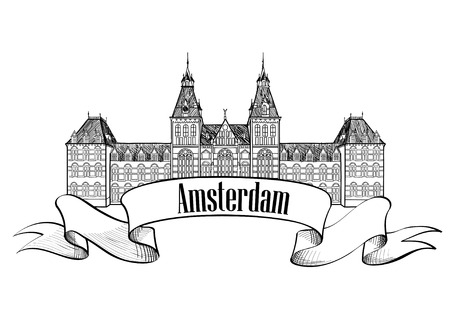 Amsterdam landmark. Central Railway Station, Netherlands historic building symbol. Hand drawn sketch iconのイラスト素材