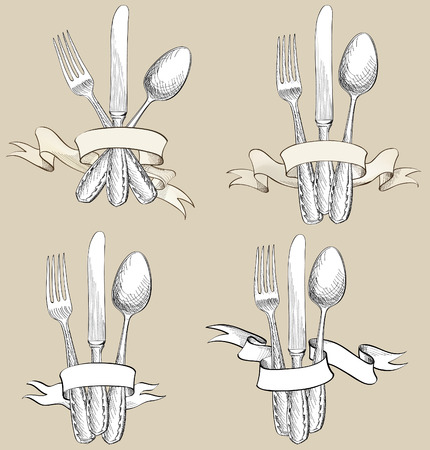 Fork, Knife, Spoon hand drawing sketch set. Cutlery collection. Restaurant symbol set.のイラスト素材