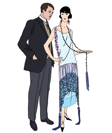 Couple on party. Man and woman in cocktail dress in vintage style 1920's. Portrait of an attractive flapper girl with her boyfriend. Retro fashion vector illustration isolated on white background. のイラスト素材