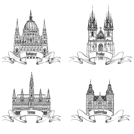 Famous European buildings. Hand drawn sketch landmarks collection. Travel Europe symbol set. Prague, Vienna, Amsterdam, Budapest city signs.のイラスト素材