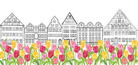 Old buildings and houses street  Amsterdam cityscape  Seamless borderのイラスト素材