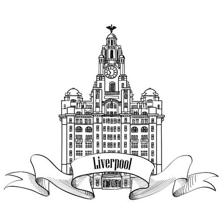 Travel England sign. Liverpool Liver Building, UK, Great Britan. English city famous building. Vector label isolated.のイラスト素材