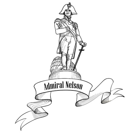 Admiral Nelson statue in Trafalgar Square, London, England, UK. Nelson colounm. Travel London label isolated.のイラスト素材