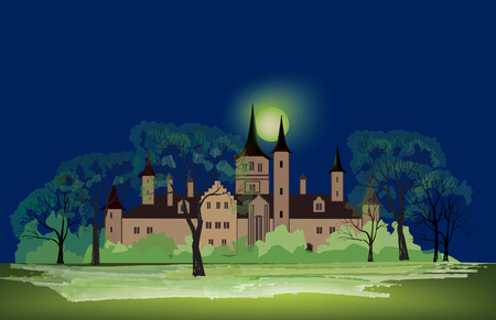 A Night in the Park with Old Building. Late Autumn Night in the Park with Castle and Milky Way. Full moon mystic night in park alley.のイラスト素材
