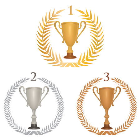 Winner cup trophies set with laurel wreath. Golden, silver and bronze awards isolated.のイラスト素材