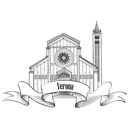 Verona city label. travel Italy icon. Famous italian building Church of San Zeno sketch. Sightseeing icon.のイラスト素材