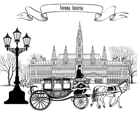 Wien city view with rathaus and carriage.  Vienna street. Travel Austria card.のイラスト素材