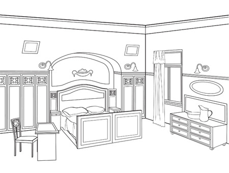 Bedroom furniture. Editable vector illustration of an outline sketch of a interior. Graphical hand drawing interior.のイラスト素材