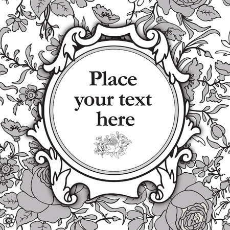 Frame over floral background. Flourish border. Decorative card. Flower seamless pattern.のイラスト素材